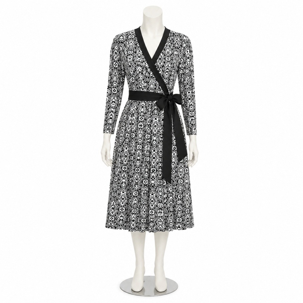 New Tahari Jill Dress Womens Med Black White Medallion Print Lg Sleeve Wrap Midi